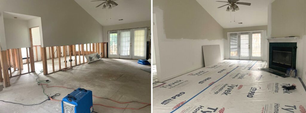 A side-by-side of a Weatherhill Pointe home with the drywall and insulation ripped out and after repairs by Orange Habitat.
