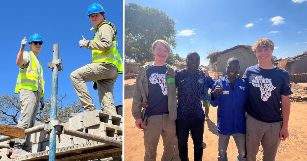 Henry and William in Malawi; at left, posing on scaffolding. At right, standing with local artisans.