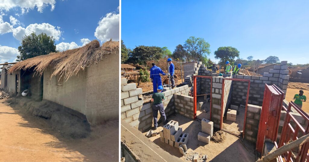 At left, a mud brick and grass thatch roofed home. At right, the cinder block and concrete home the volunteers were building.
