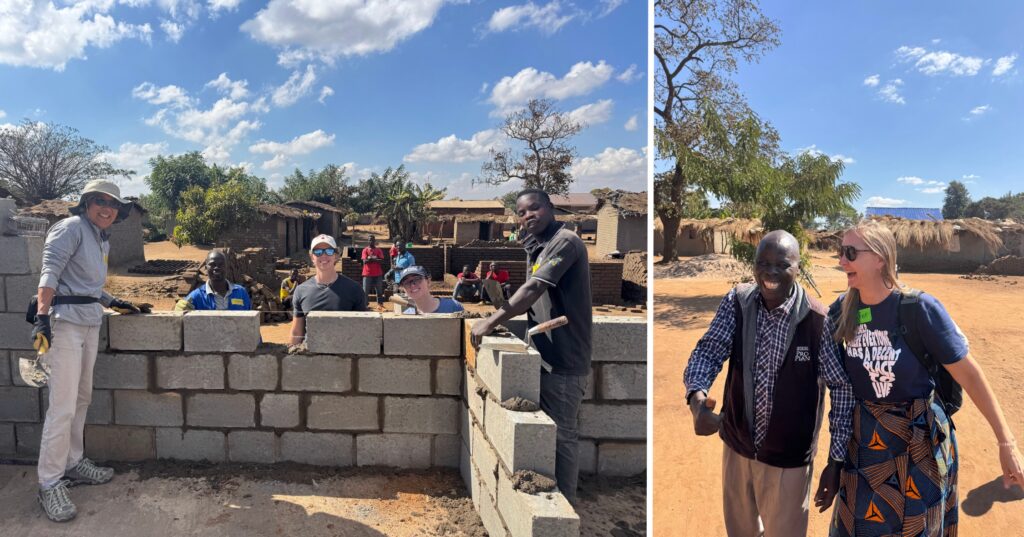 At left, volunteers on the build site. At right, Jennifer with a local resident.